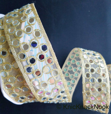 Gold Sheer Fabric Lace Trim With Gold Embroidery And Mirror Embellishments, Wedding Trims, Indian - 210119L16